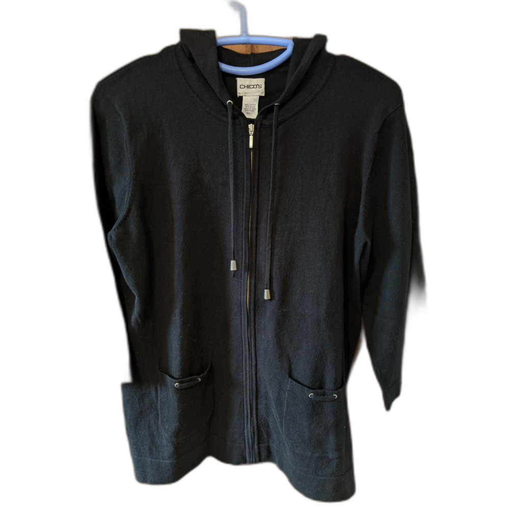 Chico's Zenergy Black Zip Up Hoodie Sweater Eyelet Pockets Sz 1/M/8 Whimsigoth